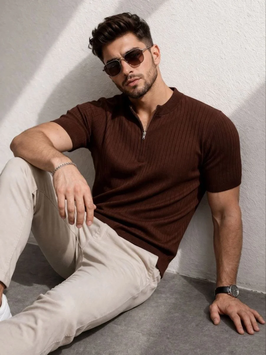 Erkek Kısa Kol Fitilli Triko T-Shirt Yazlık Hakim Yaka Tişört - Kahverengi