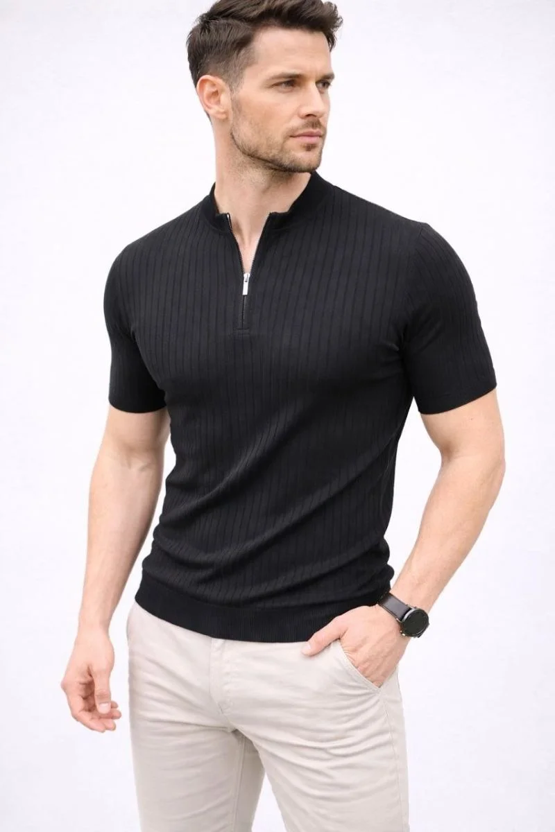 Erkek Kısa Kol Fitilli Triko T-Shirt Yazlık Hakim Yaka Tişört - Siyah
