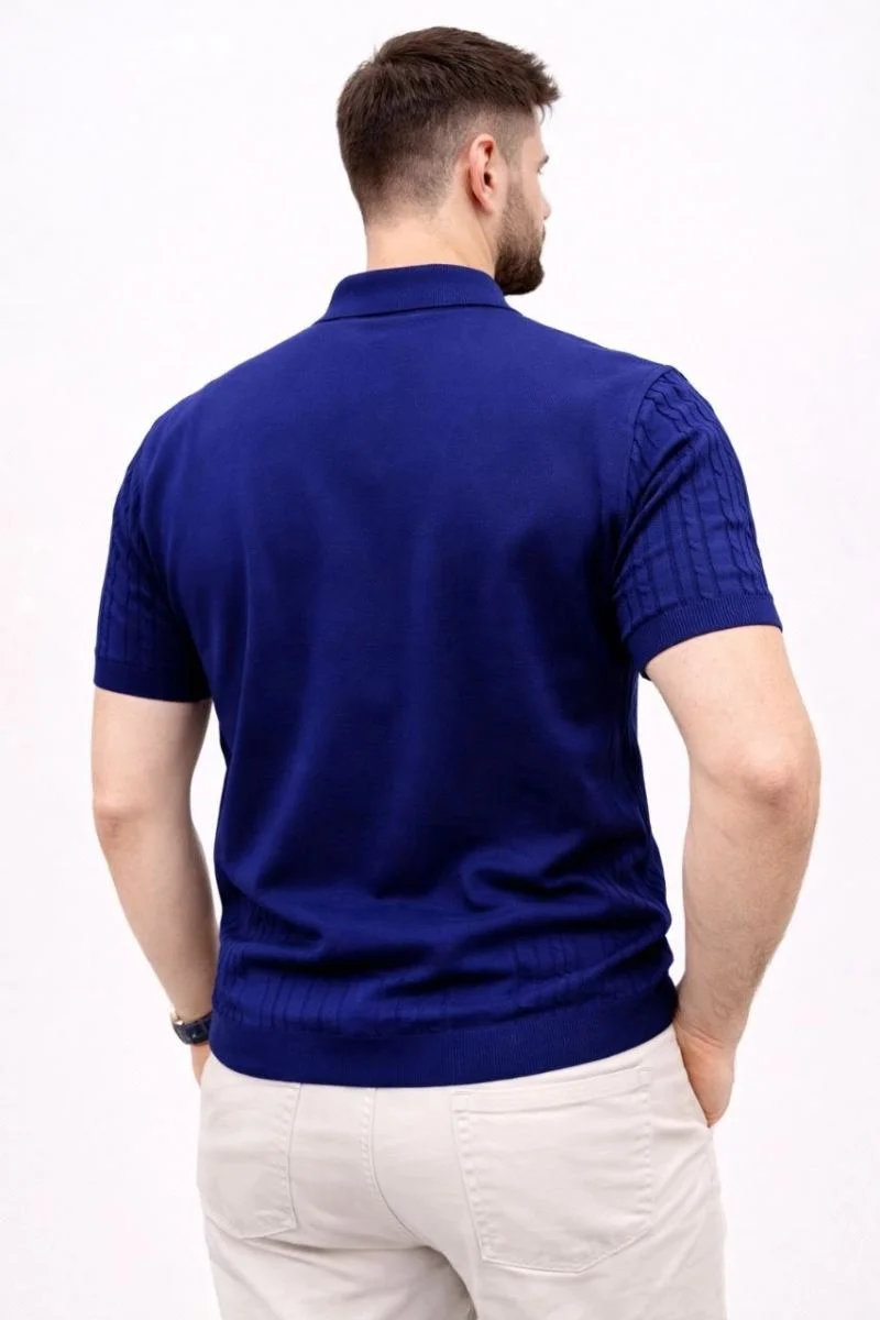 Erkek Yazlık Triko Tişört Kısa Kol Polo Yaka Düğmeli T-Shirt - Lacivert