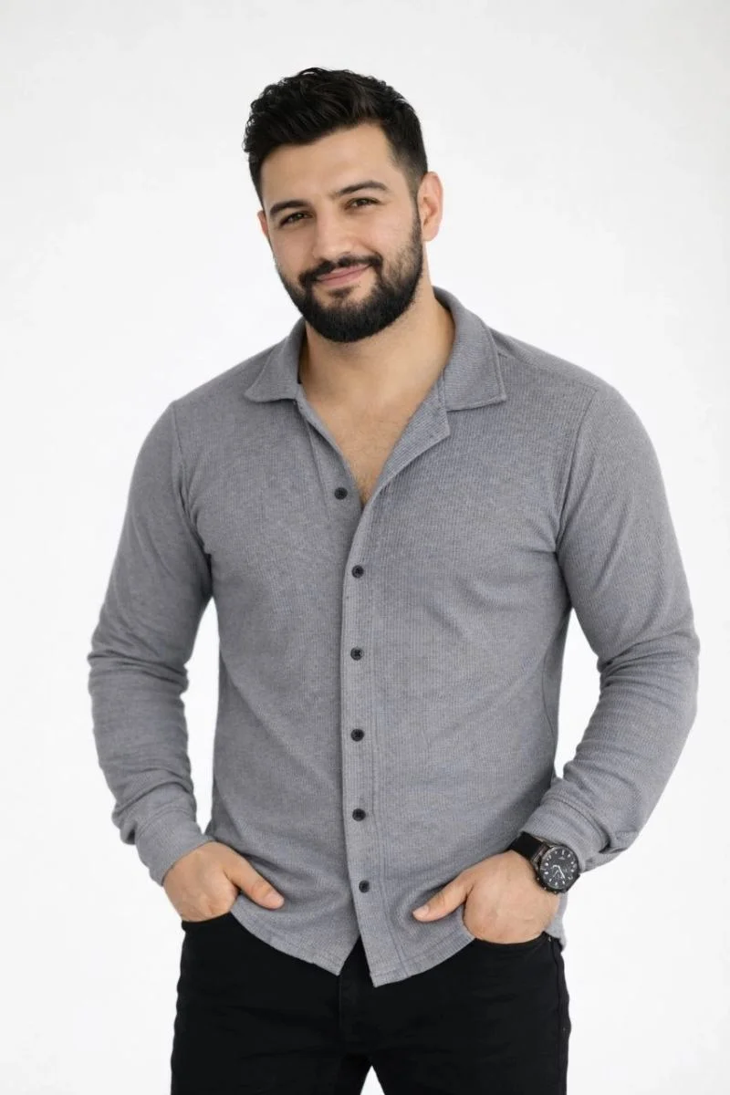 Erkek Waffle Kumaş Uzun Kollu Düğmeli Açık Yaka Regular Fit Gömlek - Füme