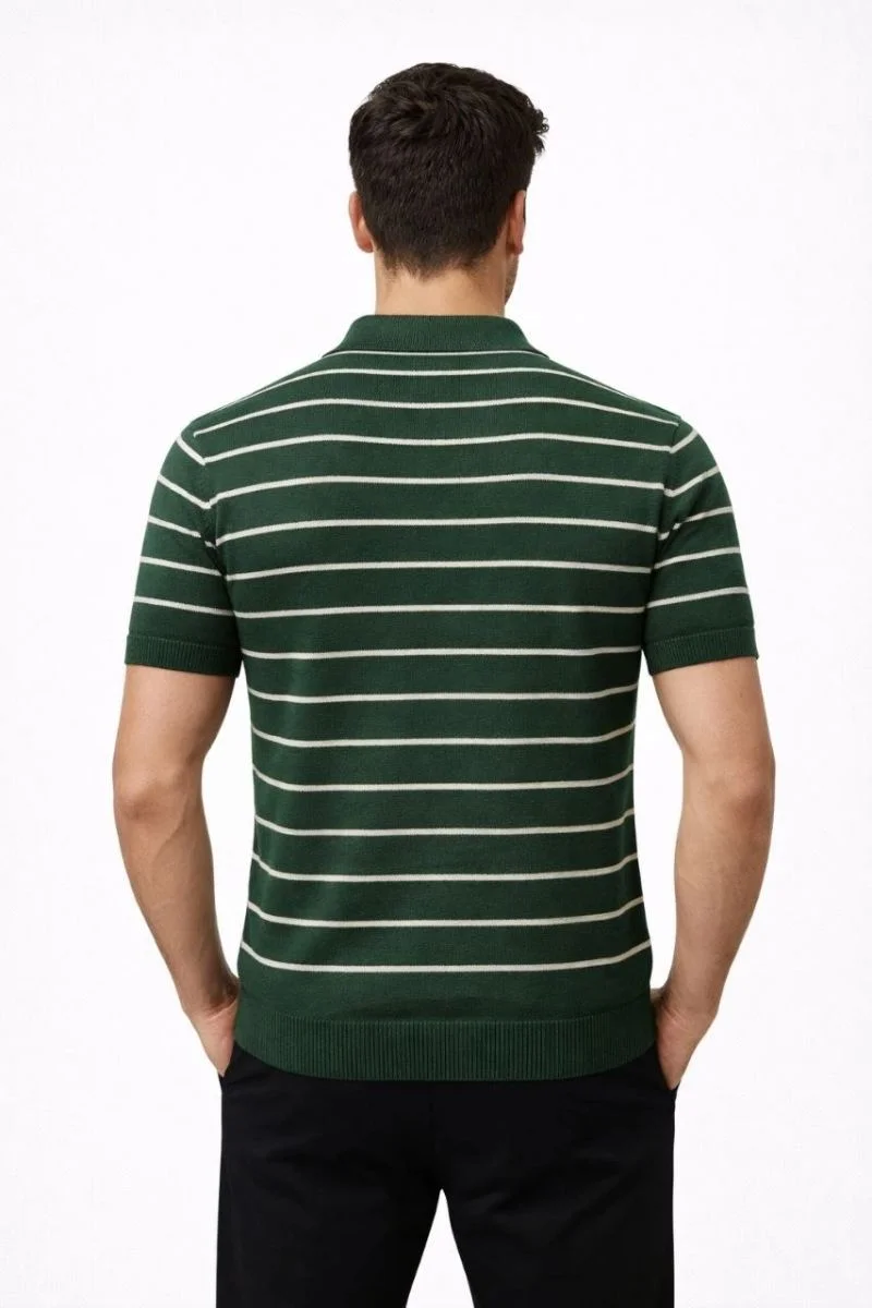 Erkek Triko Polo Yaka Fermuarlı Çizgili Tişört T-Shirt Yazlık Şık - Yeşil