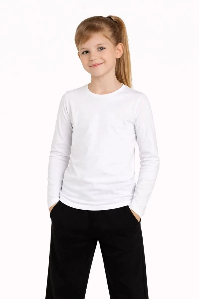 Kız Çocuk Basic Uzun Kollu Tişört Okul Günlük Rahat T-Shirt - Beyaz