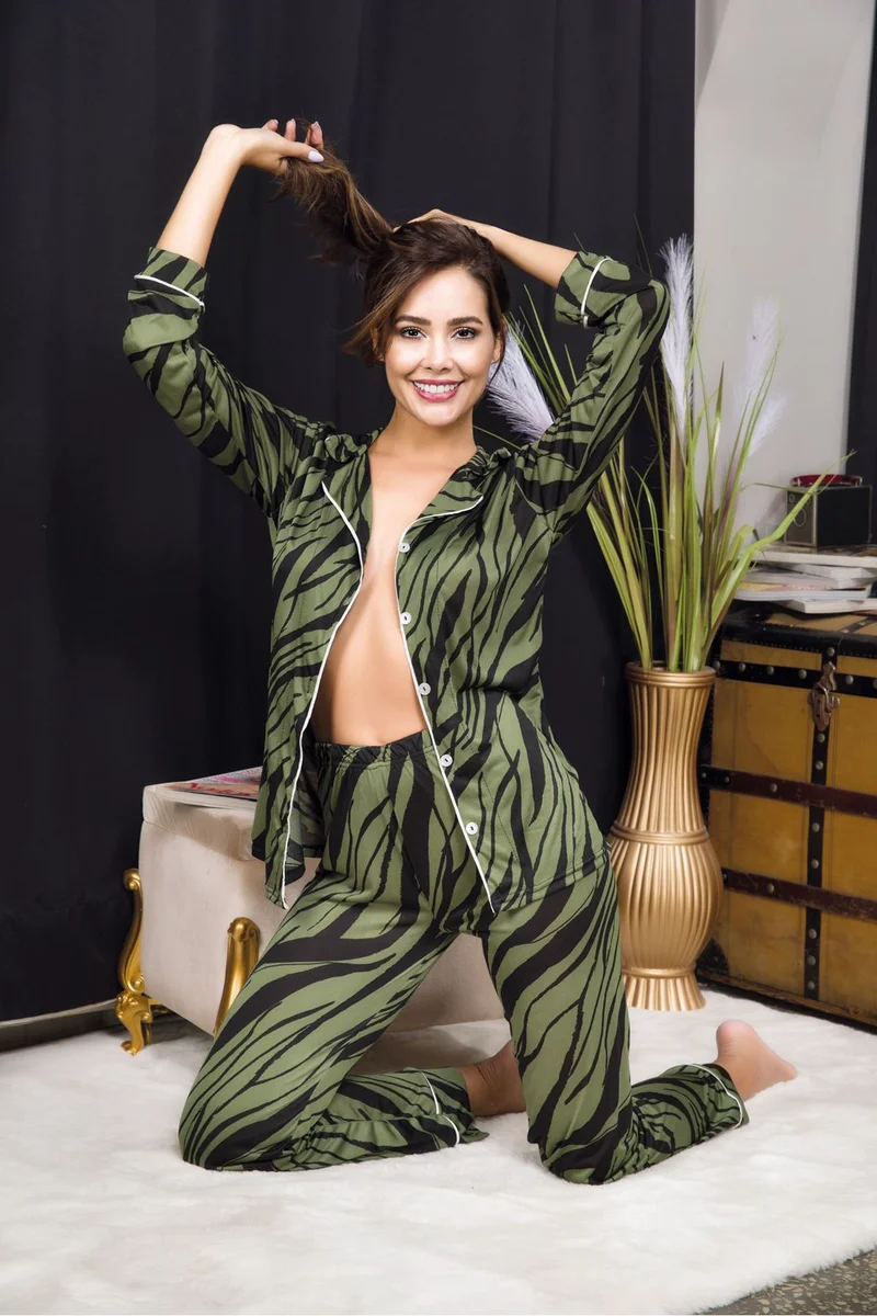 Kadın Seksi Yeşil Desenli Düğmeli Alt Üst Gecelik Pijama Takımı Uzun Kollu Pijama Takım