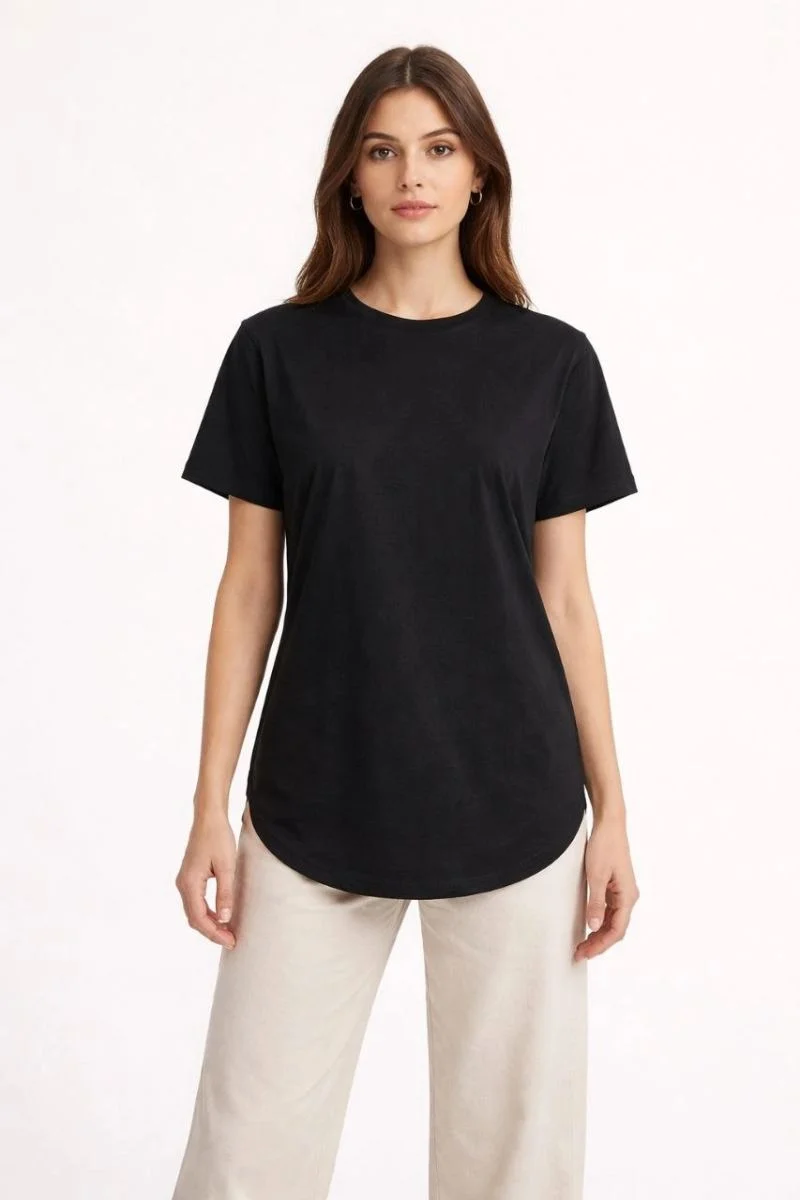 Kadın Basic T-Shirt Kısa Kol Bisiklet Yaka Oval Kesim Tişört - Siyah