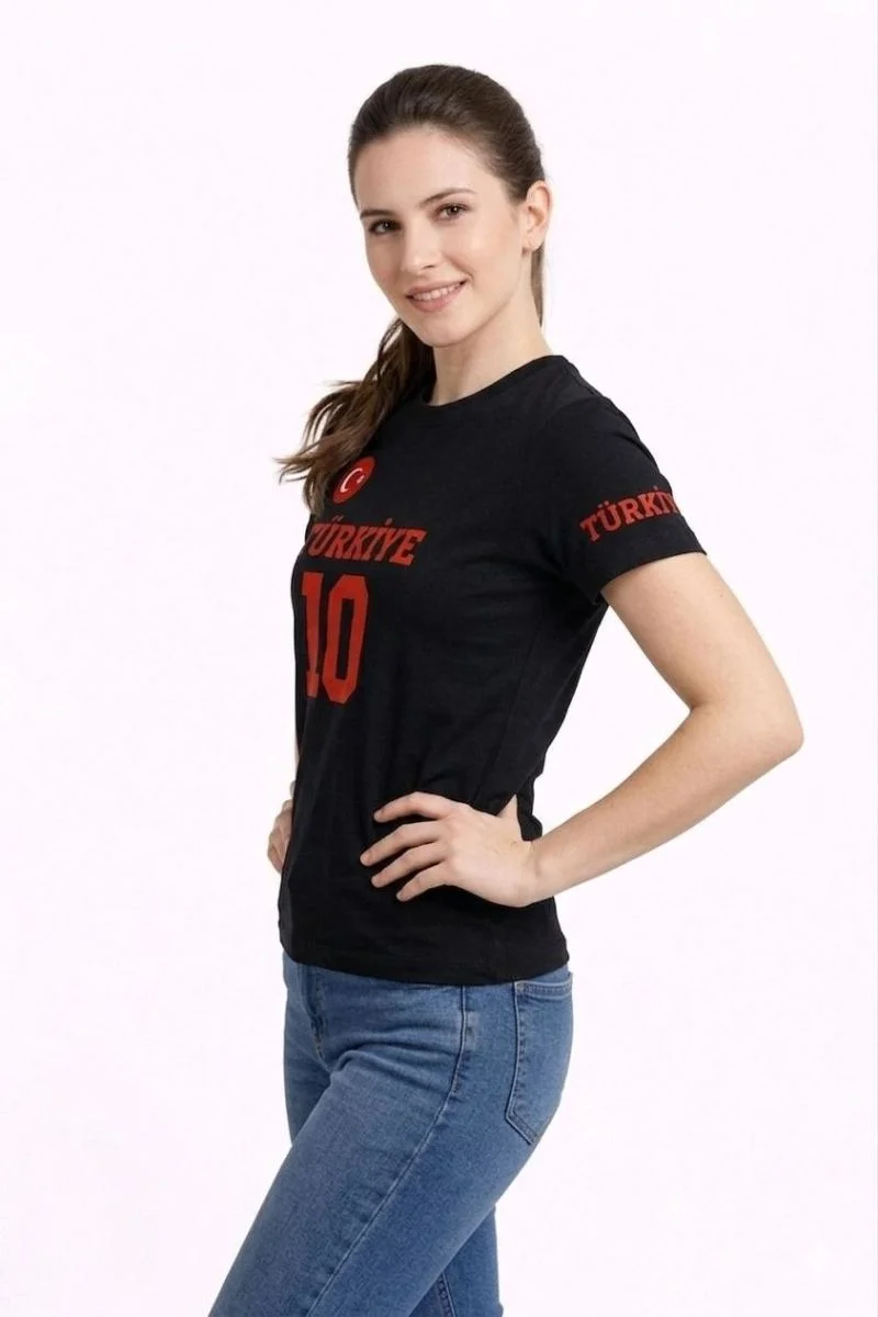 Kadın TÜRKİYE Ay Yıldız Baskılı 10 Numara Forma Tişört Taraftar T-Shirt - Siyah