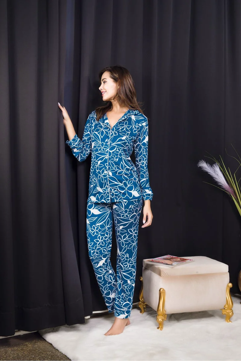 Kadın Seksi Mavi Çiçek Desenli Düğmeli Alt Üst Gecelik Pijama Takımı Uzun Kollu Pijama Takım