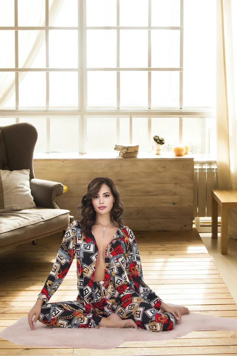 Kadın Seksi Karışık Desenli Düğmeli Alt Üst Gecelik Pijama Takımı Uzun Kollu Pijama Takım