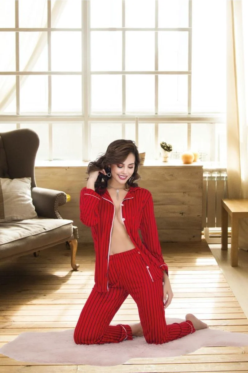 Kadın Çizgili Kırmızı Düğmeli Uzun Kollu Pijama Takımı Alt Üst Gecelik Takım