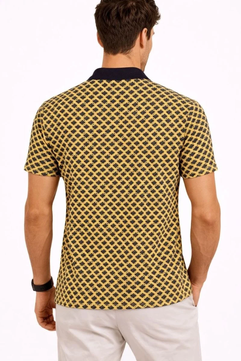 Erkek Pike Kumaş Polo Yaka Desenli Tişört Kısa Kol Yazlık T-Shirt - Sarı