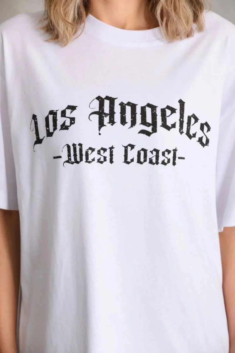 Kadın Baskılı Tişört Kısa Kol Bisiklet Yaka Oversize T-Shirt - Beyaz