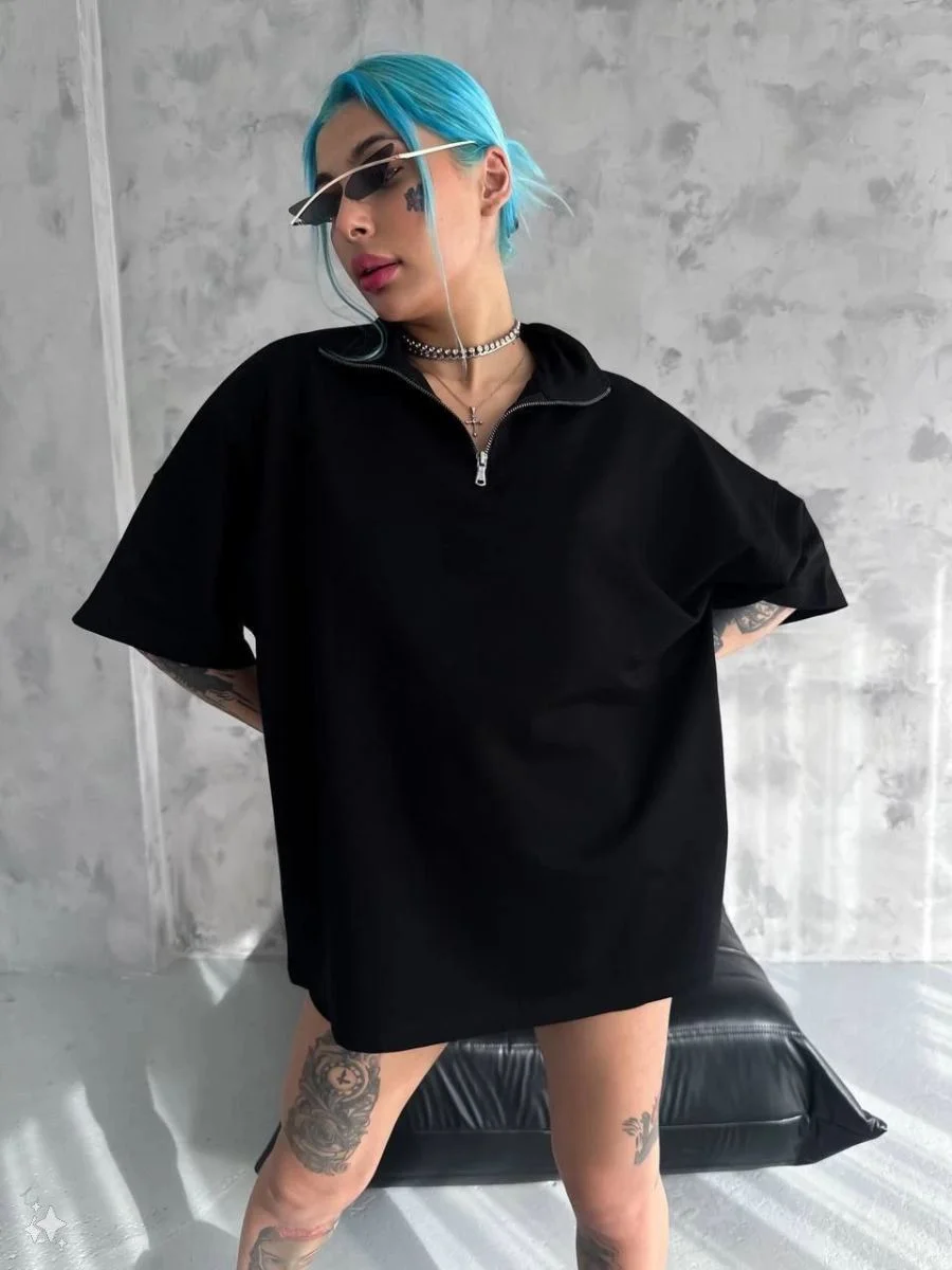Kadın Yarım Fermuarlı Tişört Kısa kol T-Shirt - Siyah