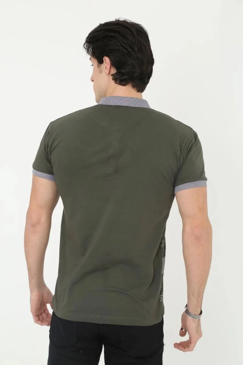 Erkek Polo Yaka tişört Slim Fit Baskılı Kısa kol T-Shirt - Haki