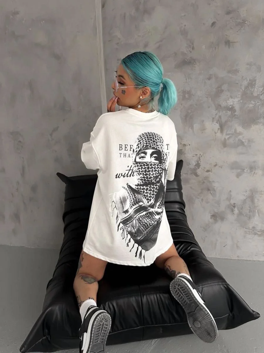 Kadın Kısa Kol Tişört Bisiklet Yaka Filistin Poşülü Baskılı T-Shirt - Beyaz