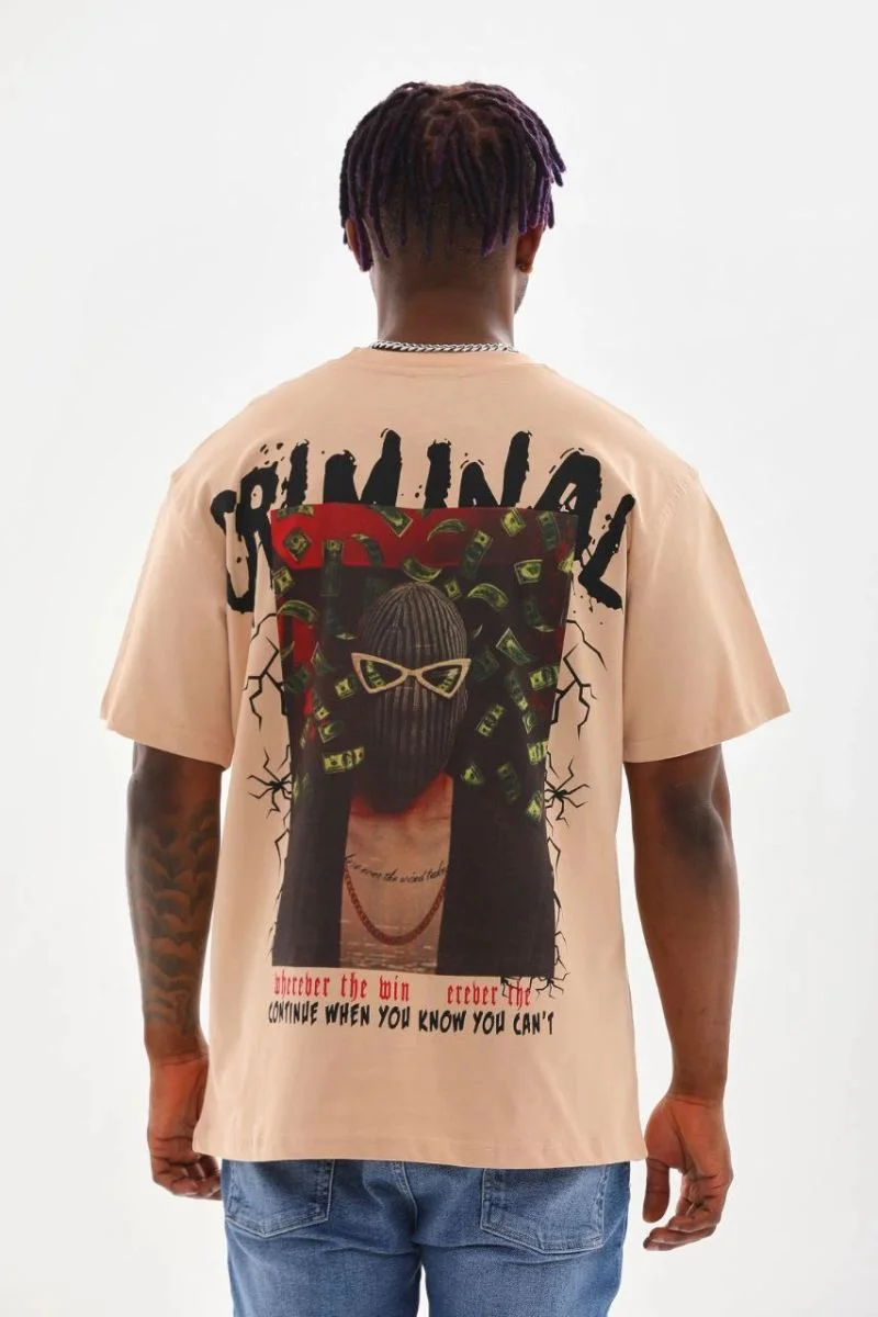 Erkek Baskılı T-Shirt Kısa Kol Bisiklet Yaka Rahat Kalıp Tişört  - Bej