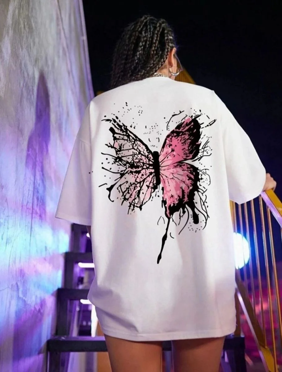 Kadın Tişört Kelebek Baskılı Oversize Kısa Kol T-Shirt - Beyaz