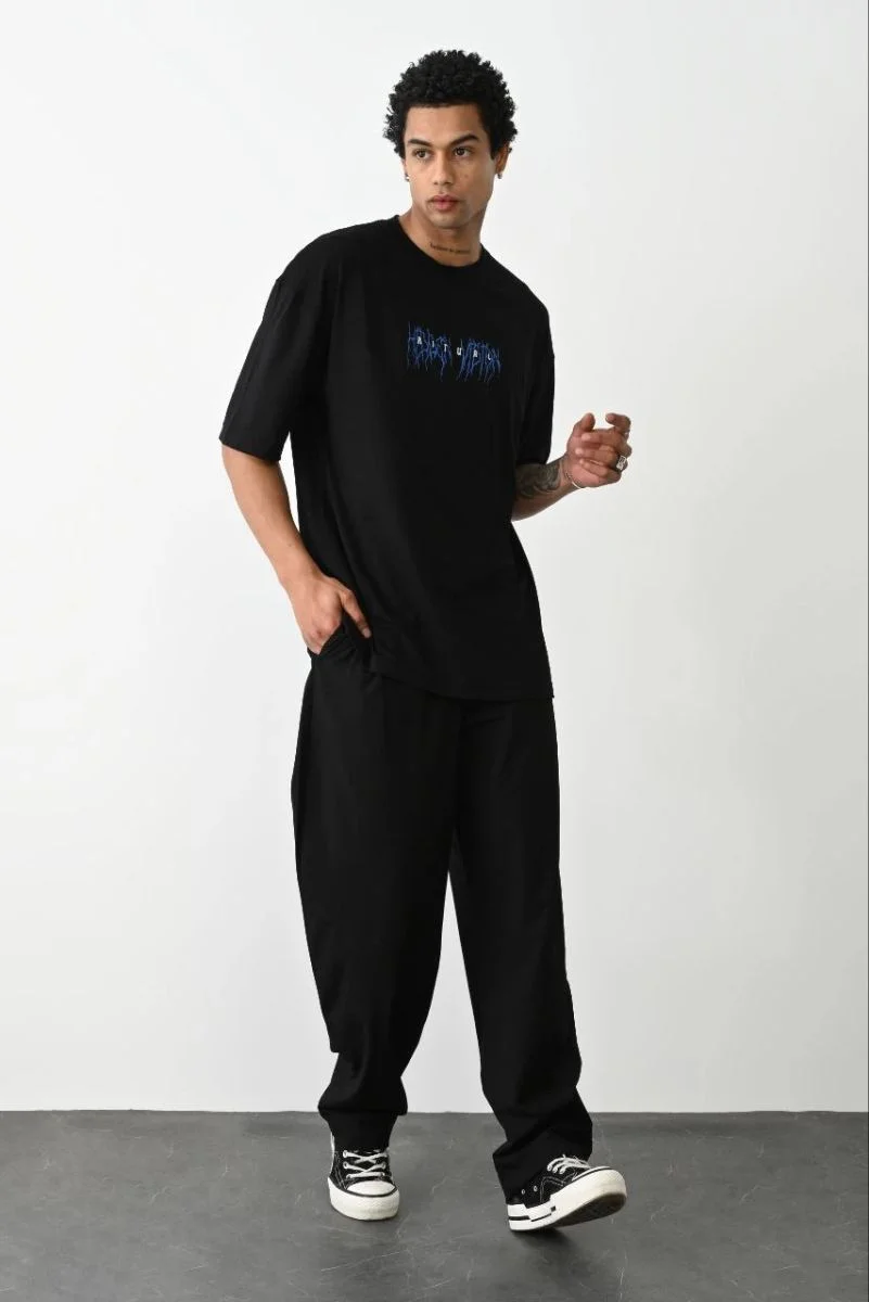 Erkek Baskılı Oversize  Kısa kol T-Shirt - Siyah
