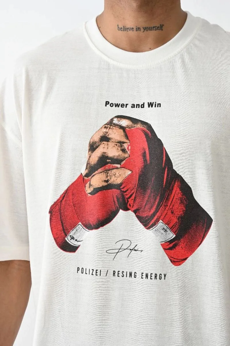 Erkek Box Eldiven Baskılı T-Shirt Kısa Kol Bisiklet Yaka Tişört - Beyaz