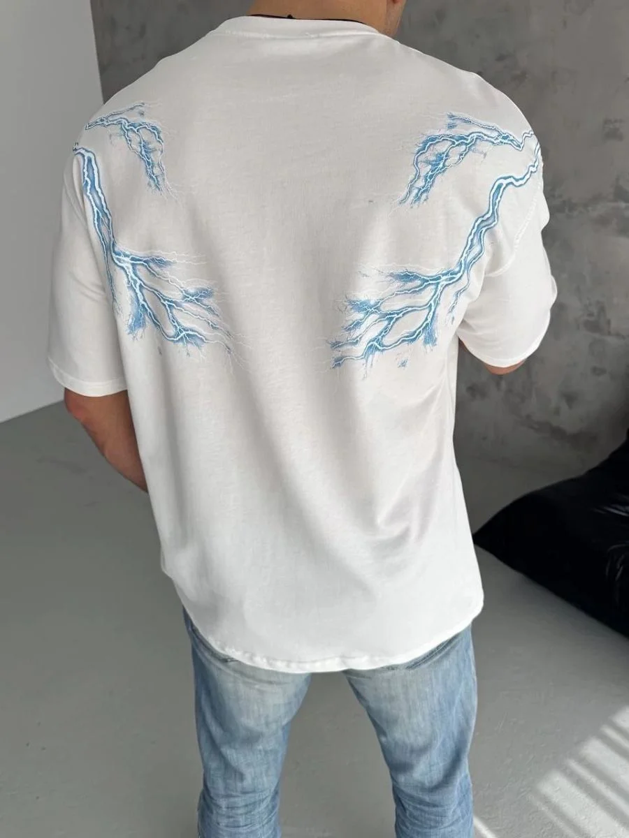 Erkek Bisiklet Yaka Tişört Yıldırım Şimşek Baskılı Kısa Kol T-Shirt - Beyaz