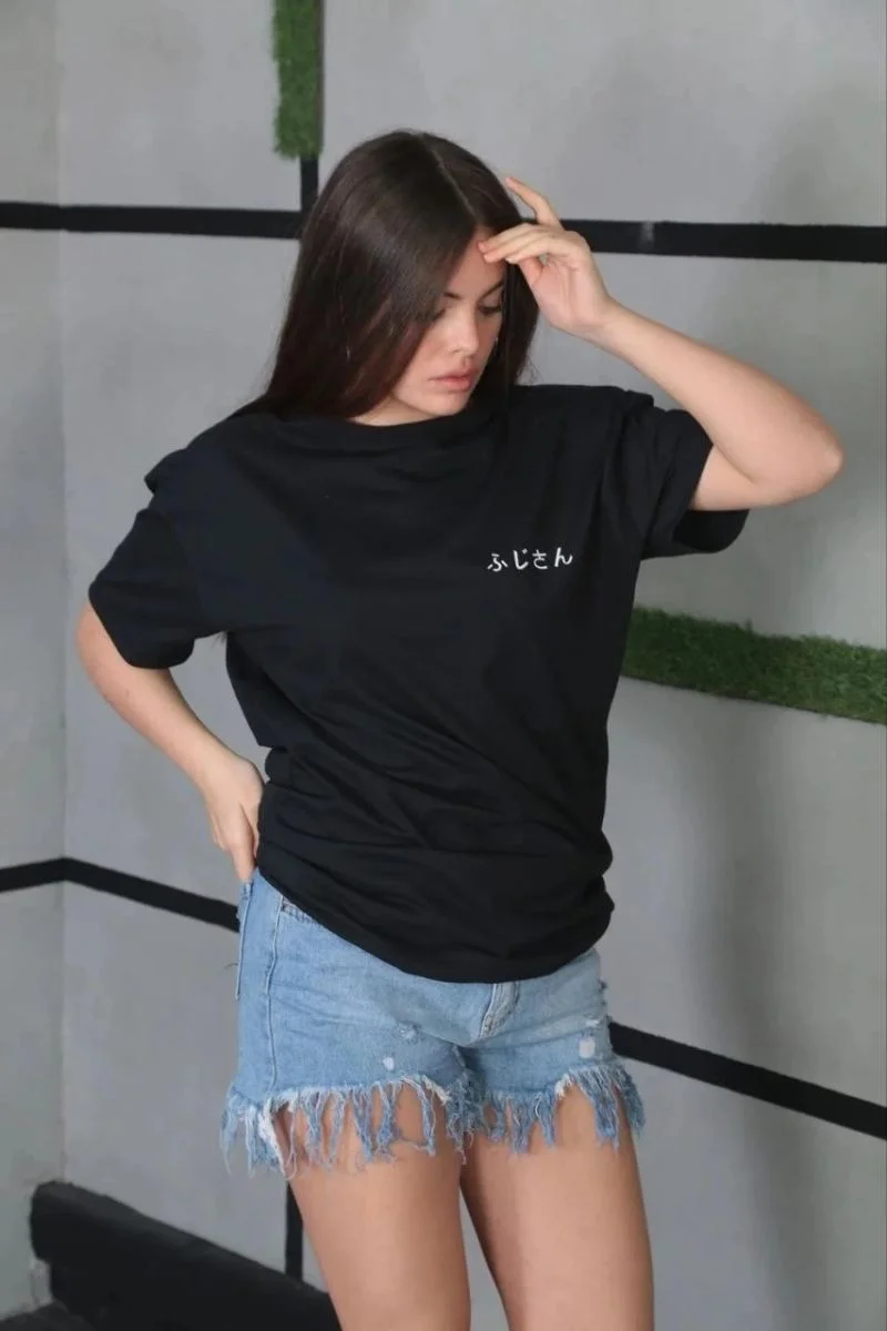 Kadın Bisiklet Yaka Baskılı kısa kol Oversize T-Shirt - Siyah