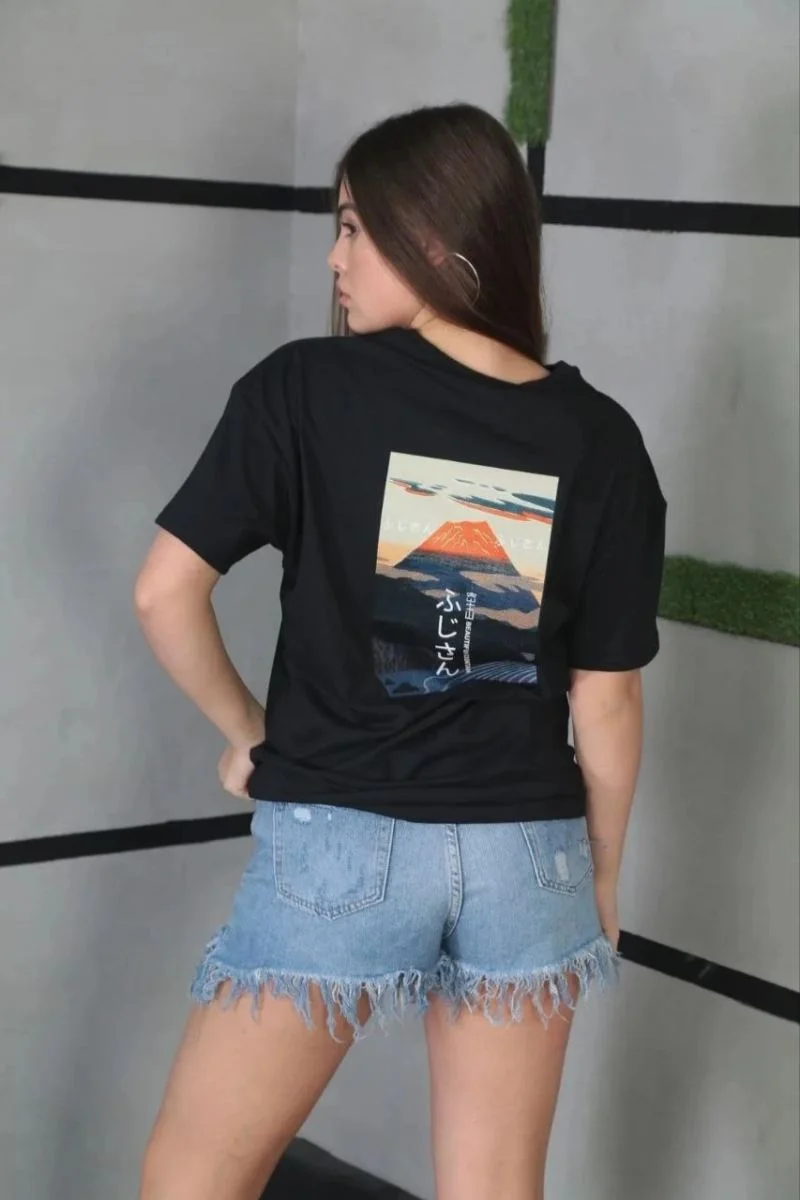 Kadın Bisiklet Yaka Baskılı kısa kol Oversize T-Shirt - Siyah