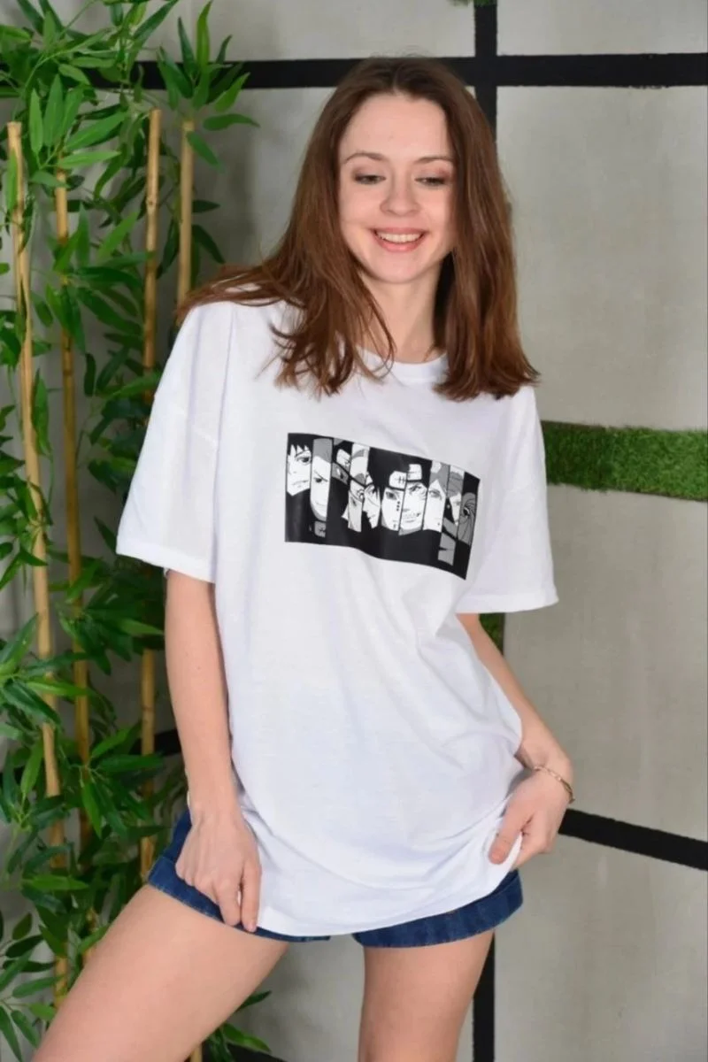kadın Bisiklet Yaka Baskılı  Kısa kol Oversize T-Shirt - Beyaz