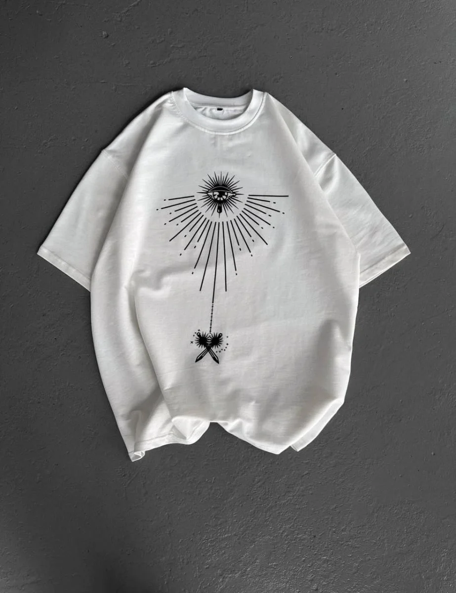 Erkek Kısa Kol Tişört Bisiklet Yaka GÜL Baskılı Oversize T-Shirt - Beyaz
