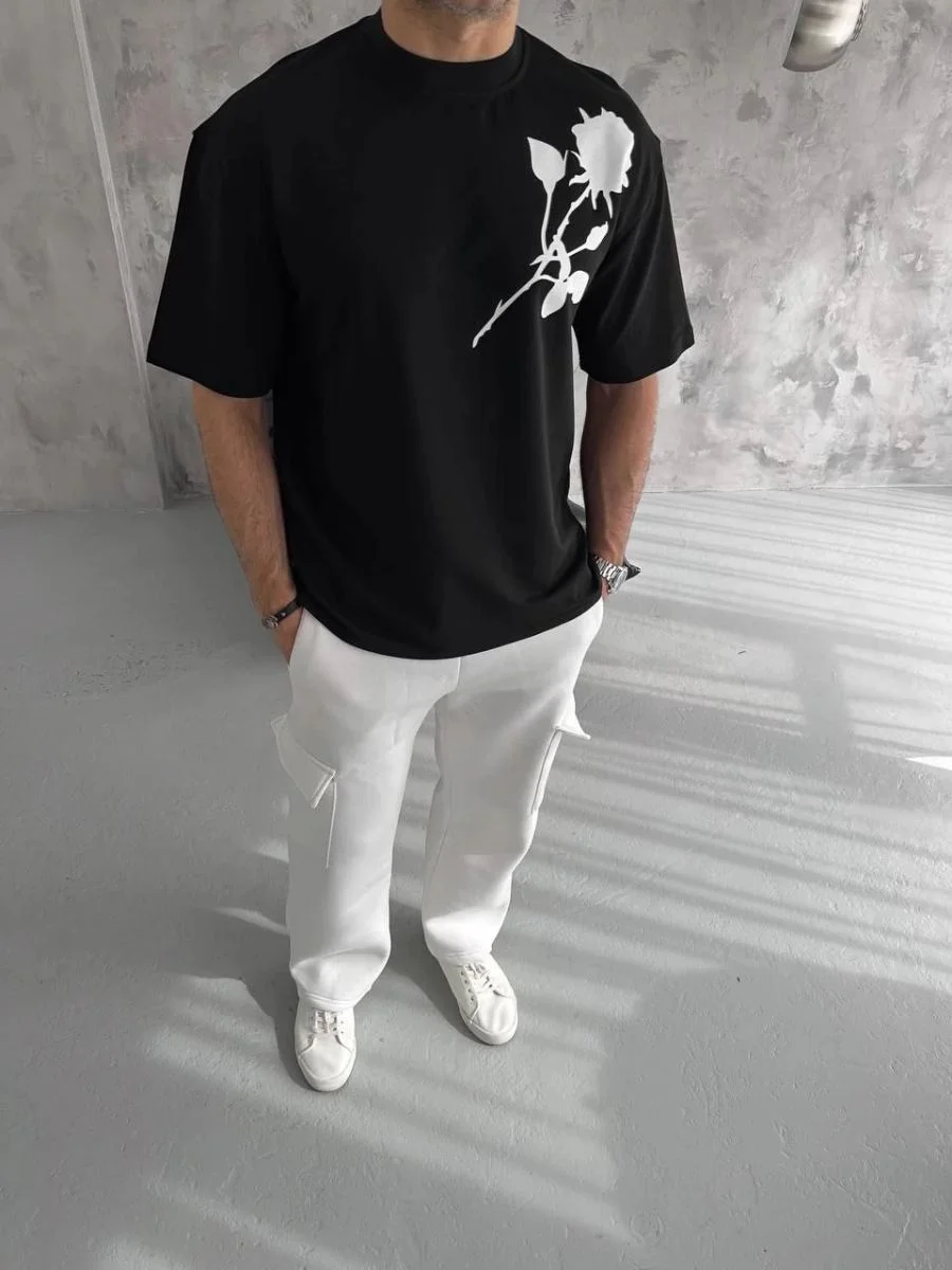 Erkek Kısa Kol Tişört Bisiklet Yaka GÜL Baskılı Oversize T-Shirt - Siyah