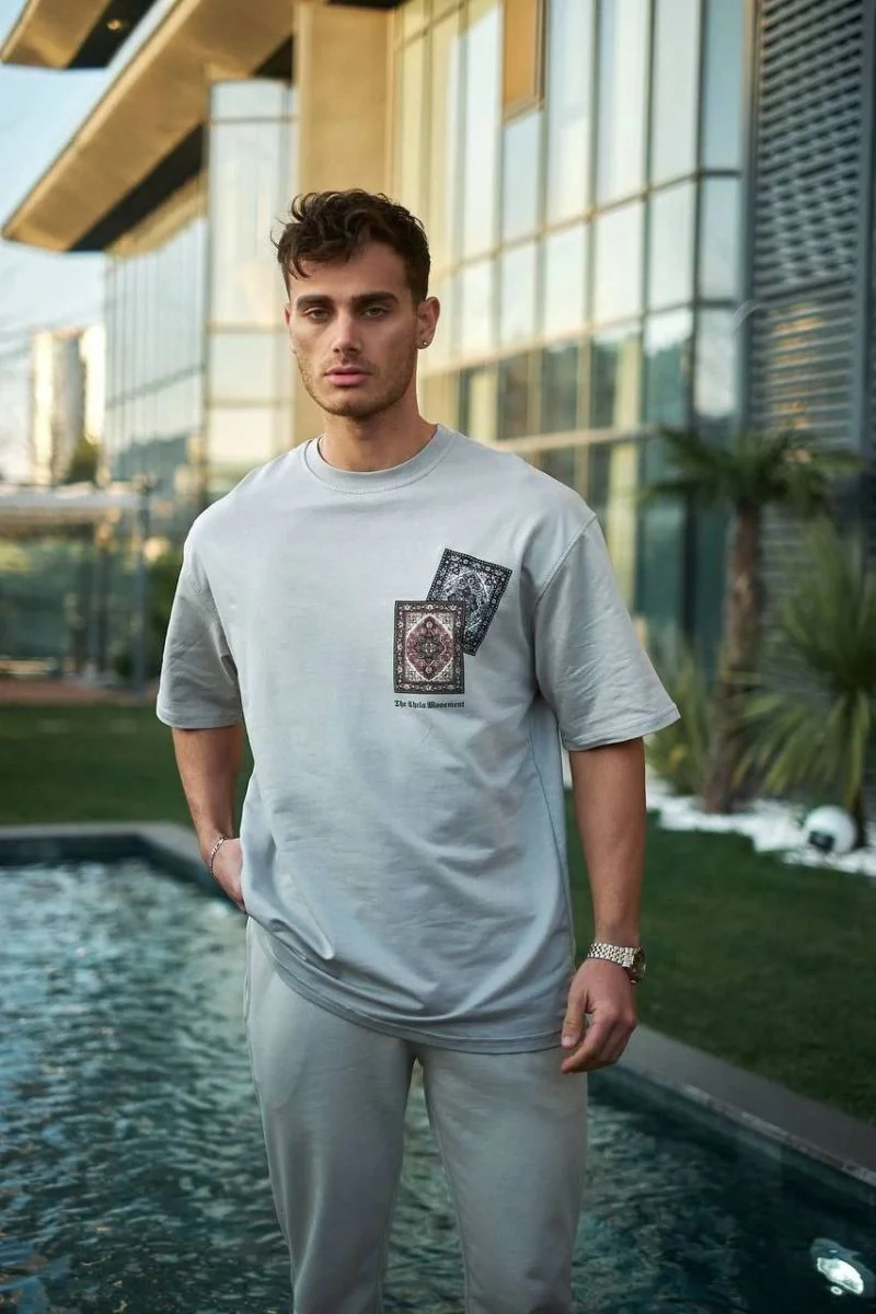 Erkek Kısa Kol Yazlık Tişört Bisiklet Yaka Baskılı Oversize T-Shirt - Boyalı Gri