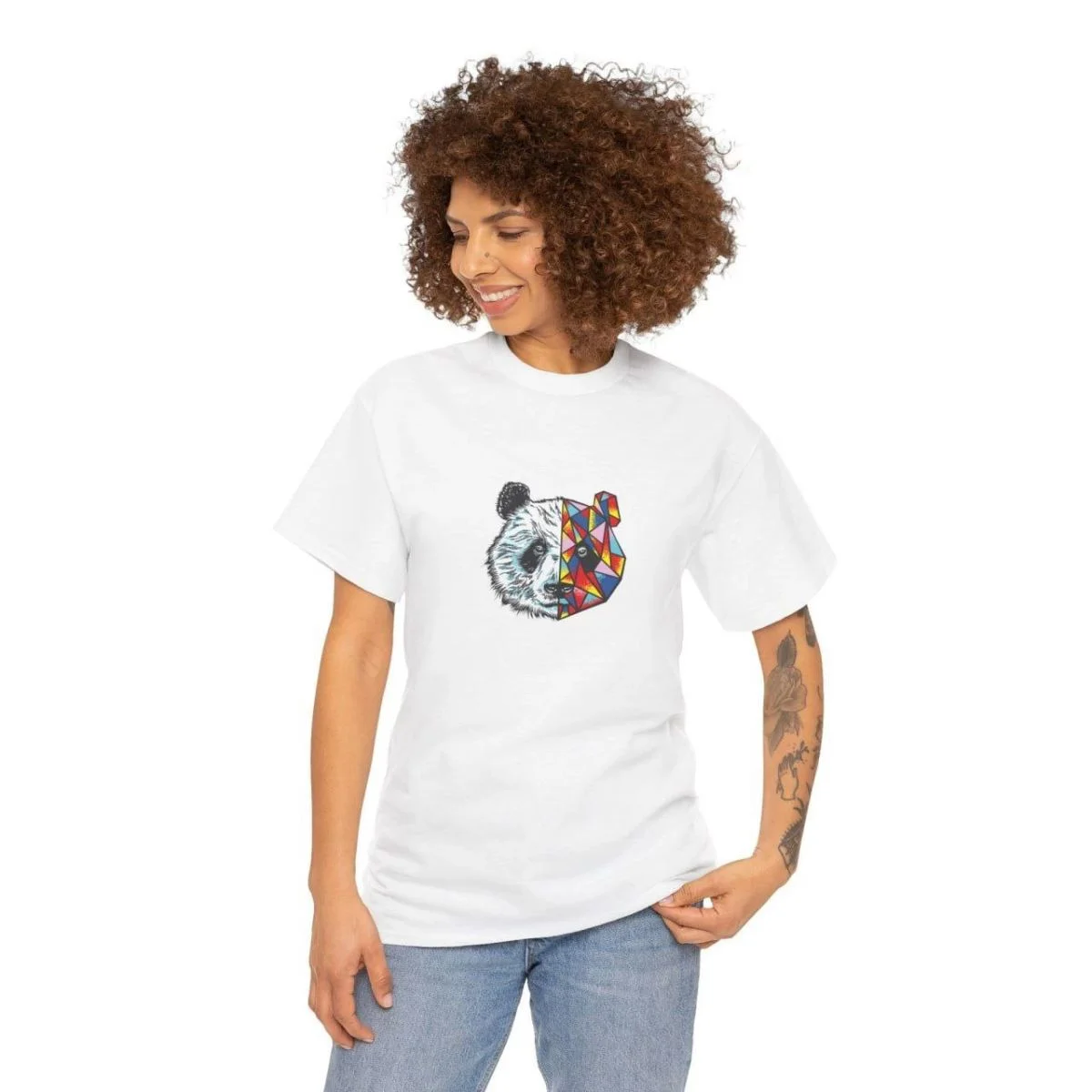 Kadın Bisiklet Yaka Baskılı  kısa kol T-Shirt - Beyaz