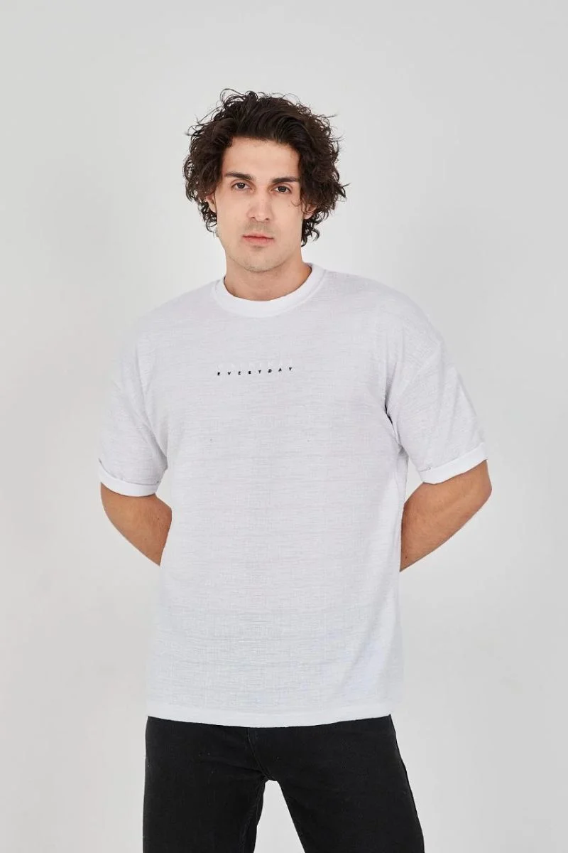 Erkek T-Shirt Yazlık Jakar Kısa kol Tişört - Beyaz