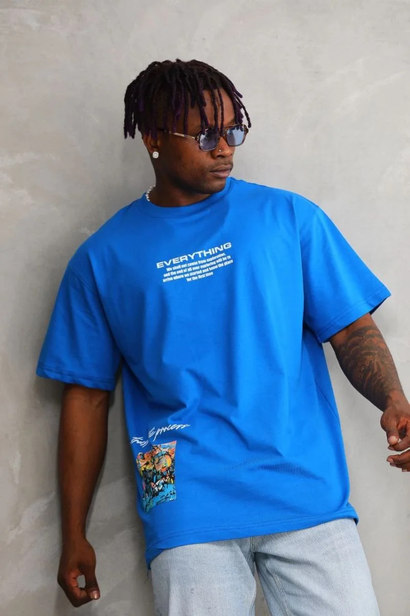 Erkek Bisiklet Yaka Baskılı Oversize T-Shirt - Mavi