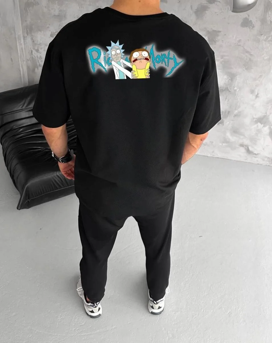 Erkek Kısa Kol Tişört Bisiklet Yaka RİCK AND MORTY Baskılı T-Shirt - Siyah