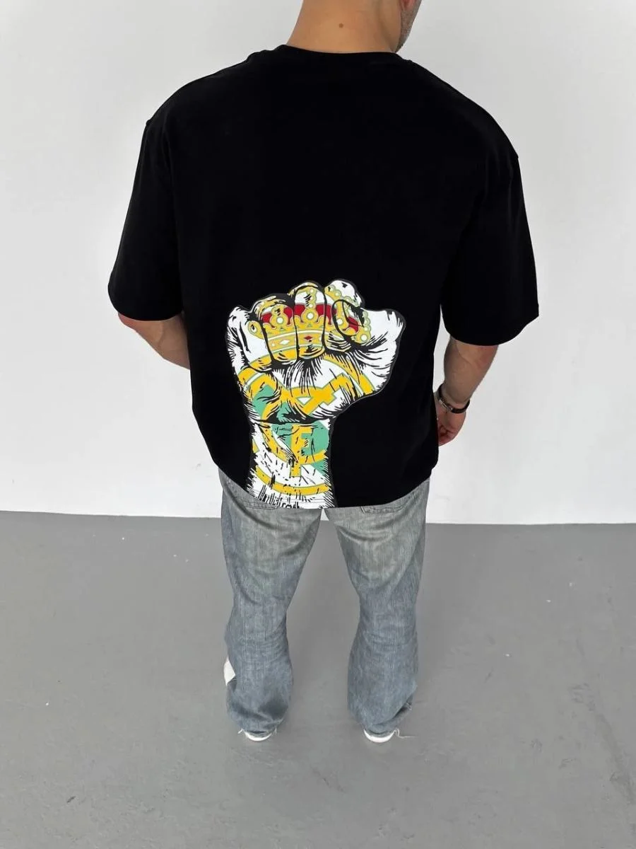 ERKEK Tişört Bisiklet Yaka Baskılı Oversize T-Shirt - Siyah