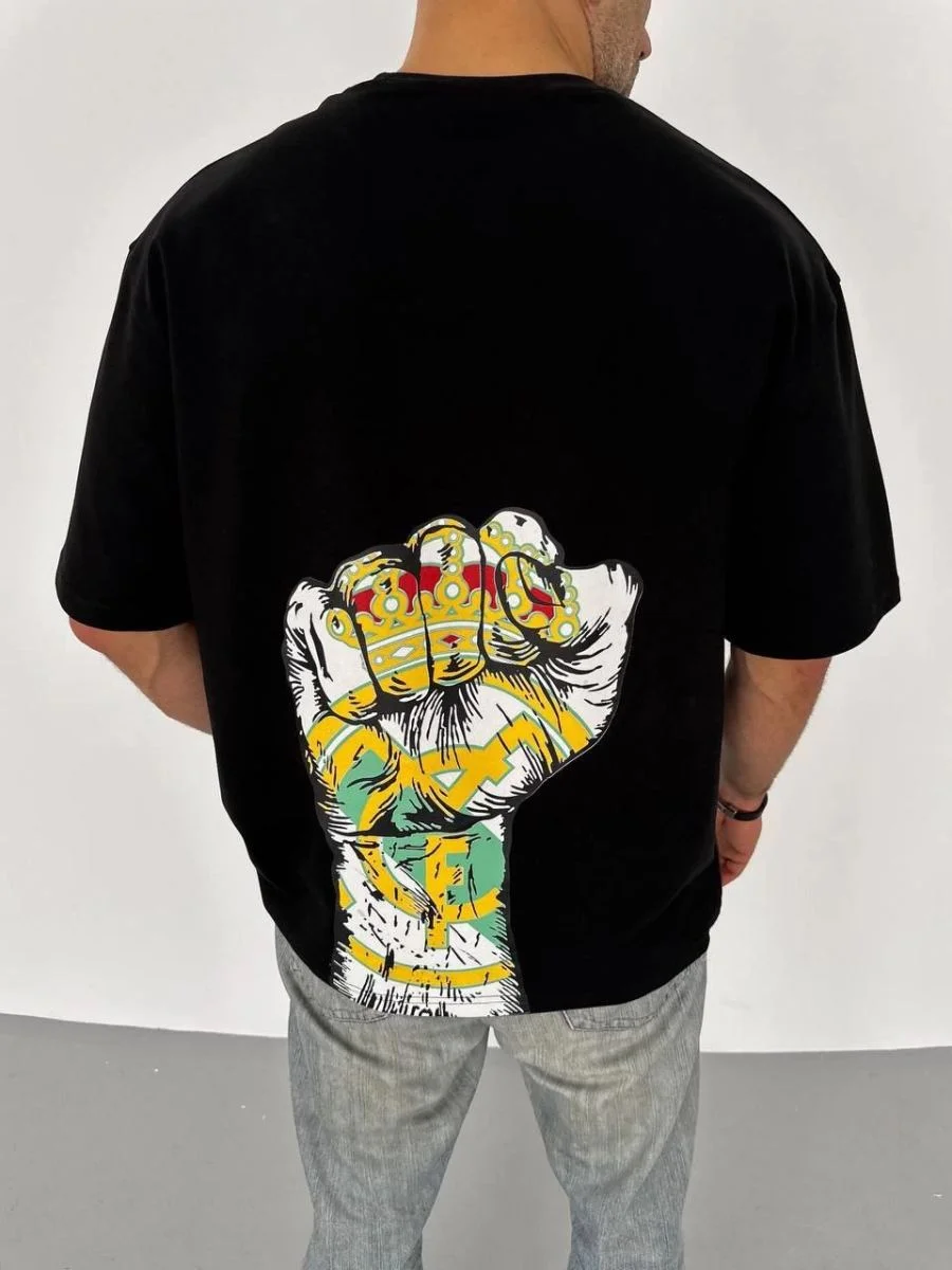 ERKEK Tişört Bisiklet Yaka Baskılı Oversize T-Shirt - Siyah