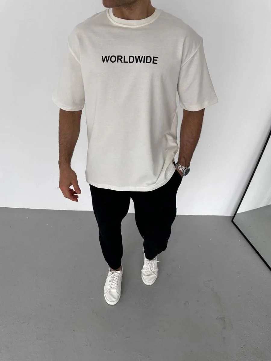 Erkek Yazlık Baskılı Tişört Bisiklet Yaka Kısa Kol Regular Fit T-Shirt - Beyaz