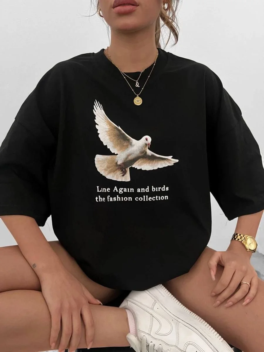 Kadın Kısa Kol Yazlık Tişört Bisiklet Yaka Güvercin Baskılı T-Shirt - Siyah