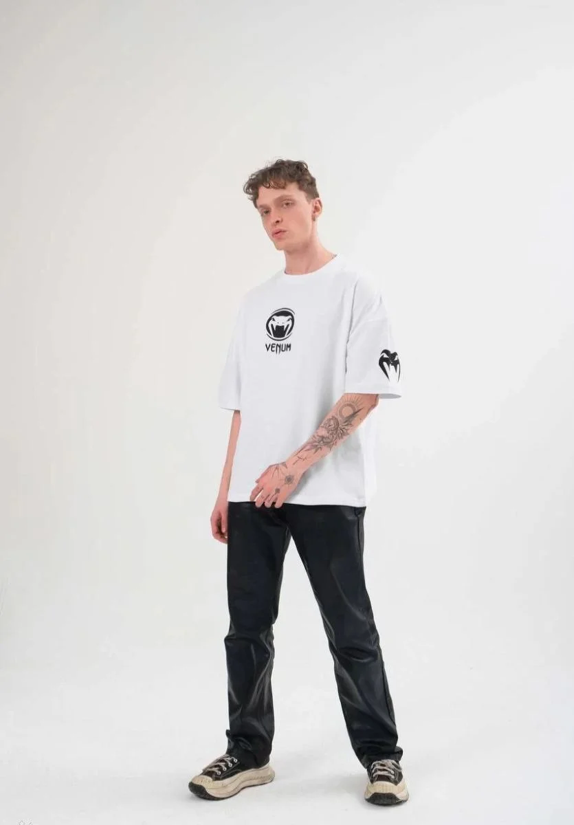 Erkek Kısa Kol Tişört Göğüs ve Kol Bisiklet Yaka Baskılı T-Shirt - Beyaz
