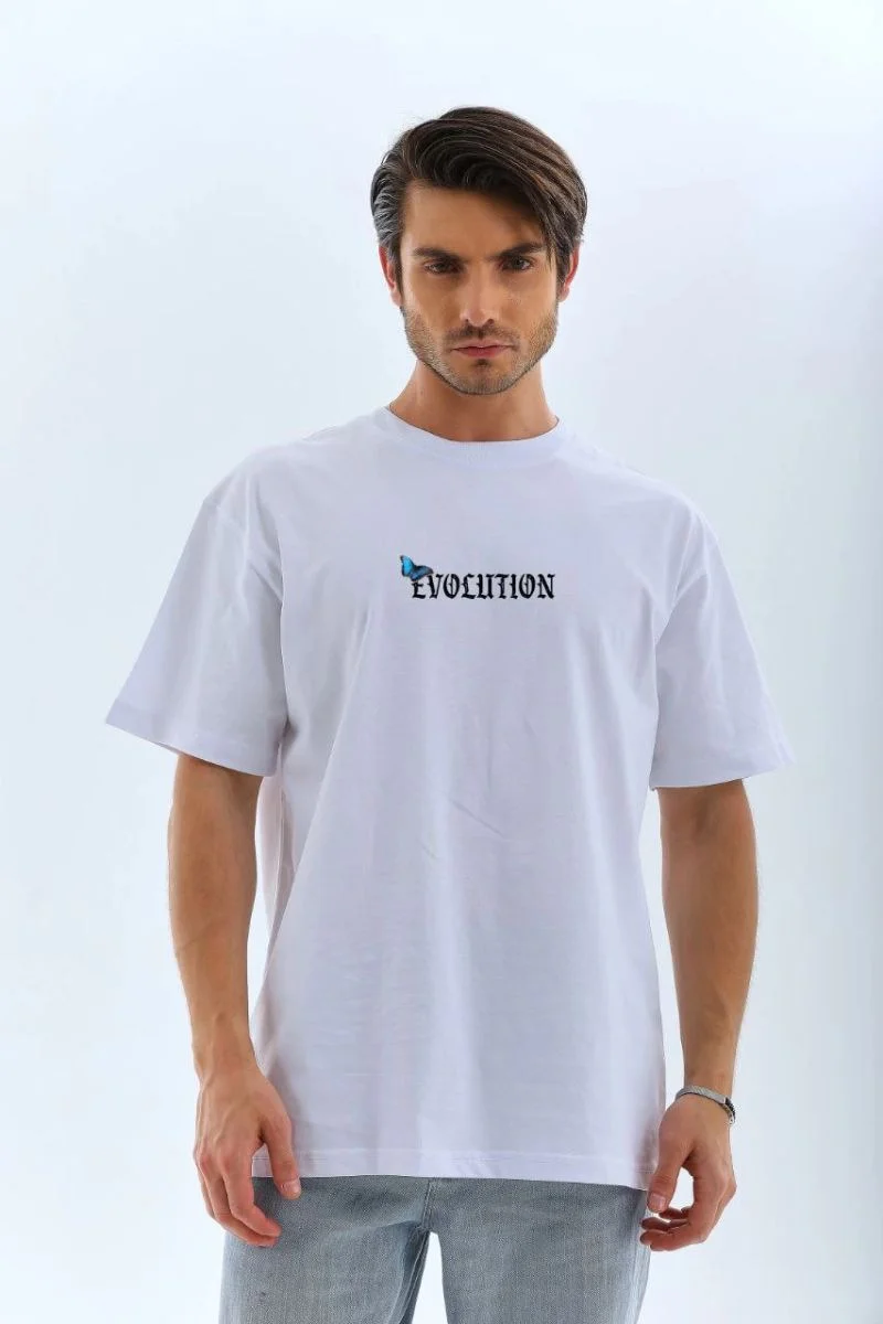 Erkek Kısa Kol Yazlık Tişört Bisiklet Yaka KELEBEK Baskılı T-Shirt - Beyaz
