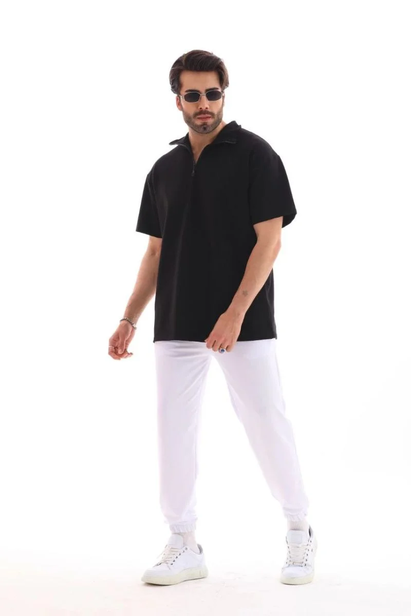 Erkek Yarım Fermuarlı Düz Oversize T-shirt - Siyah