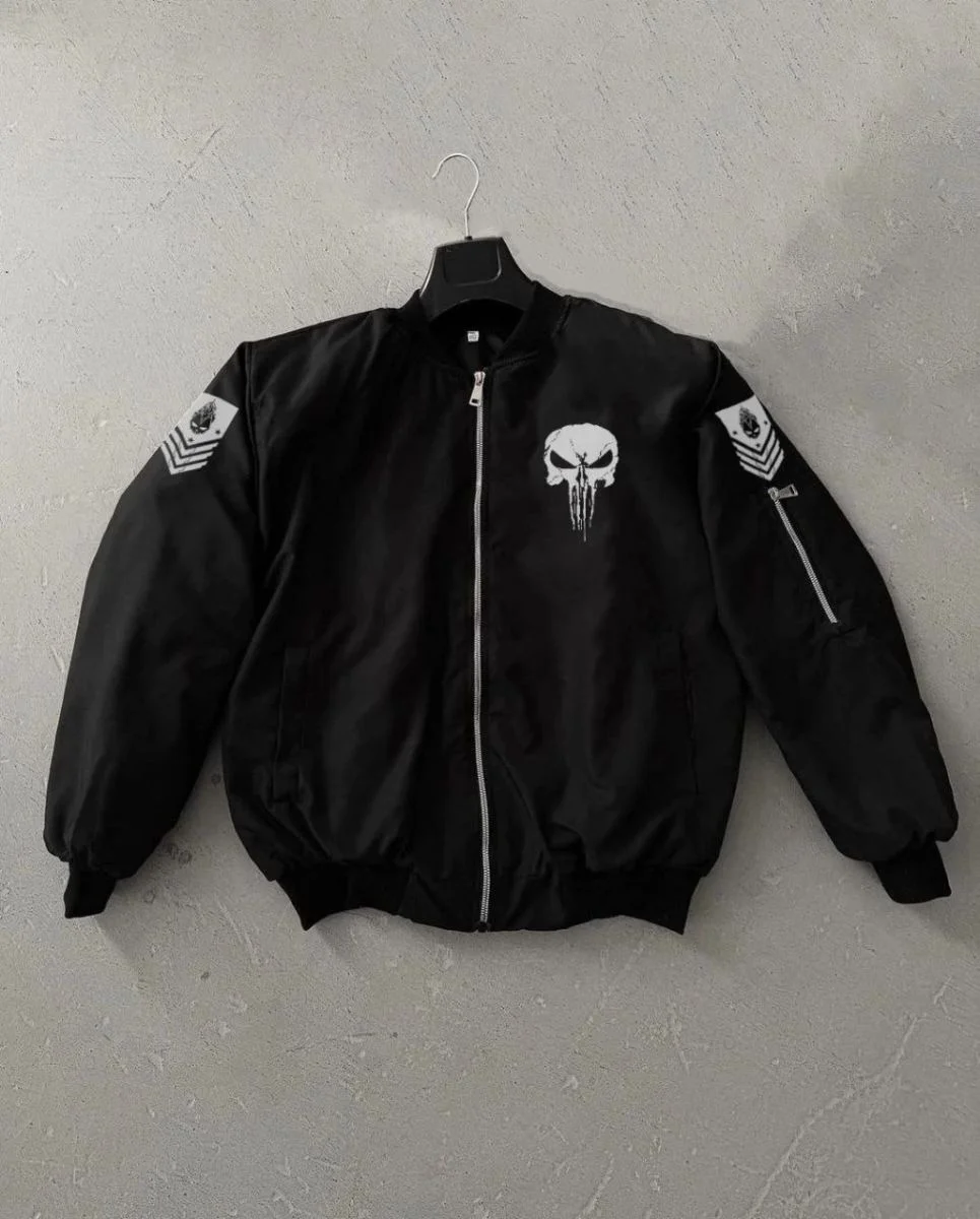 ERKEK Siyah Askeri Tarz Bomber Mont Punisher Skull Detaylı Fermuarlı Cepli - Siyah