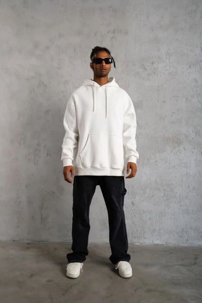 Erkek 3 İplik Pamuklu Kapüşonlu Cepli Düz Oversize Hoodie Sweatshirt - Beyaz