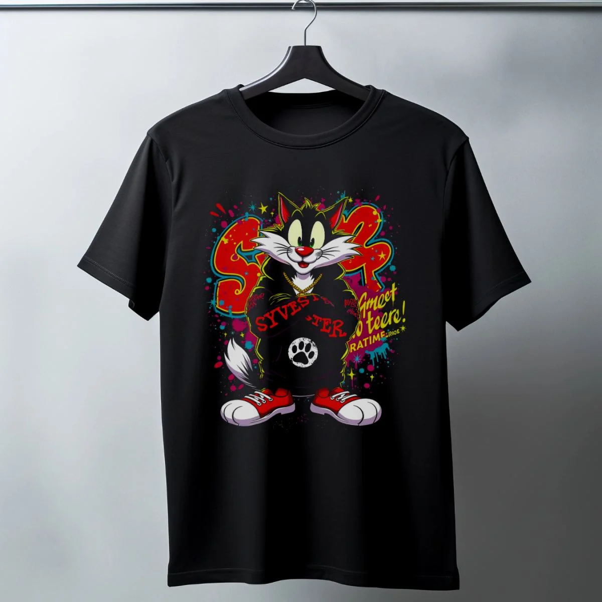 Sylvester Graffiti Baskılı Unisex Siyah Oversize Tişört - 24/1 Penye