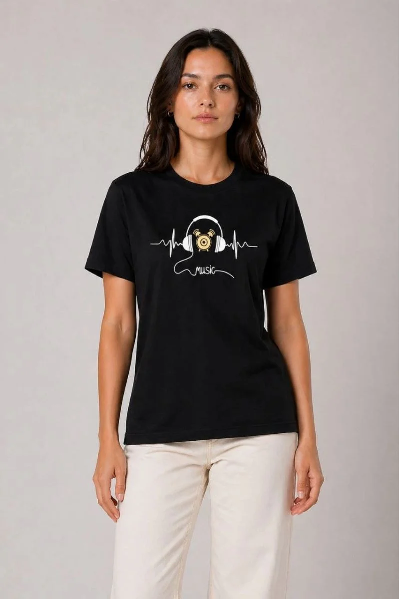 Kadın Müzik Temalı Baskılı Tişört Bisiklet Yaka Kısa Kol T-Shirt - Siyah