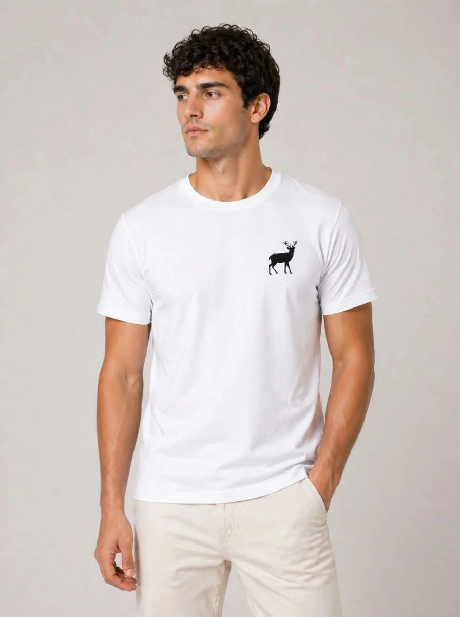 Erkek Minimal Geyik Logolu Tişört Bisiklet Yaka Kısa kol Yazlık T-Shirt - Beyaz