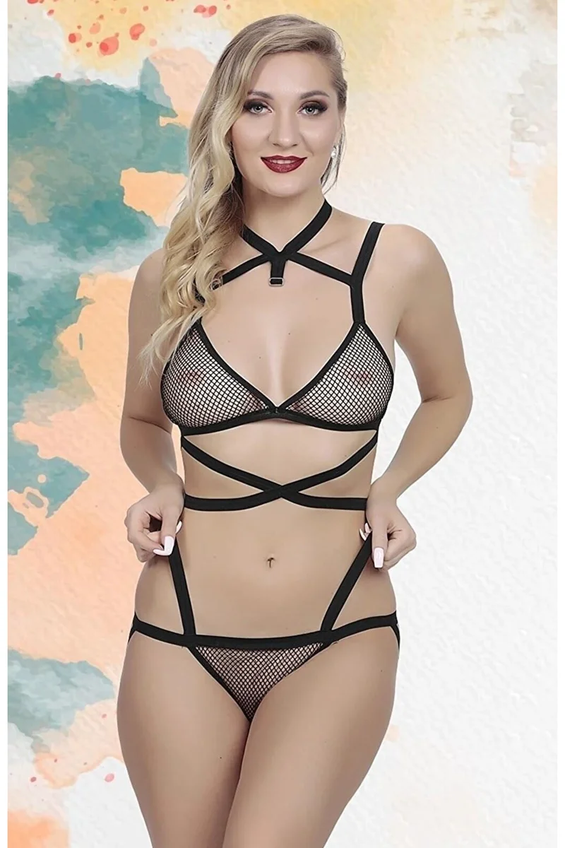 Kadın Sütyen Külot Fileli Seksi Takım Çeyiz Gecelik