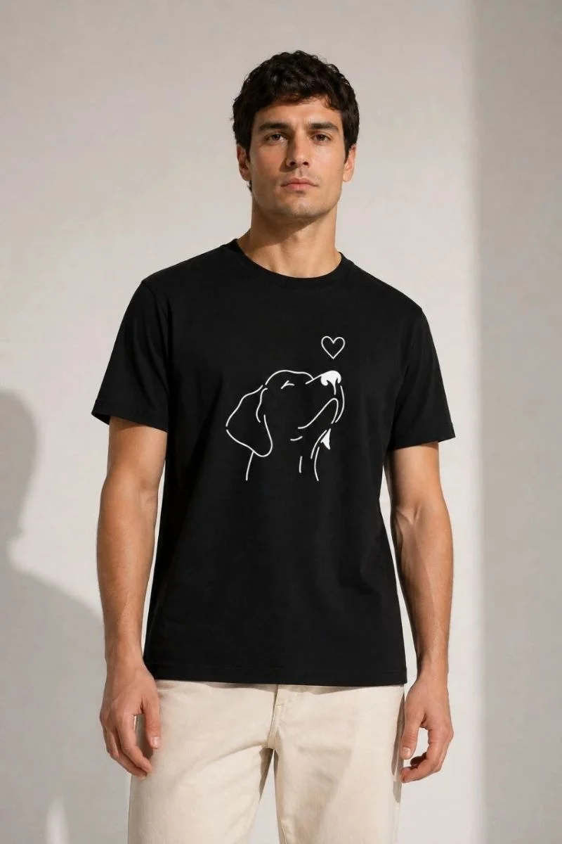 Erkek Köpek Figürlü Minimal Baskılı Tişört Kısa Kol Yazlık T-Shirt - Siyah
