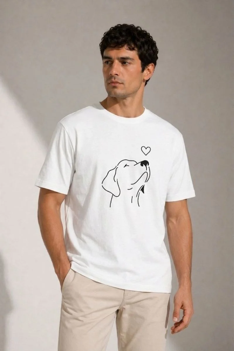 Erkek Köpek Figürlü Minimal Baskılı Tişört Kısa Kol Yazlık T-Shirt - Beyaz
