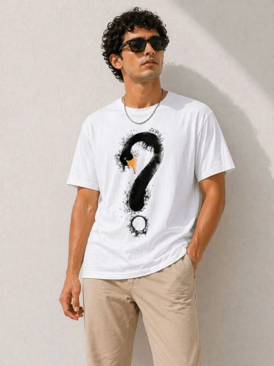 Erkek Kuğu Figürlü Soru İşareti Baskılı Tişört Kısa Kol T-Shirt - Beyaz