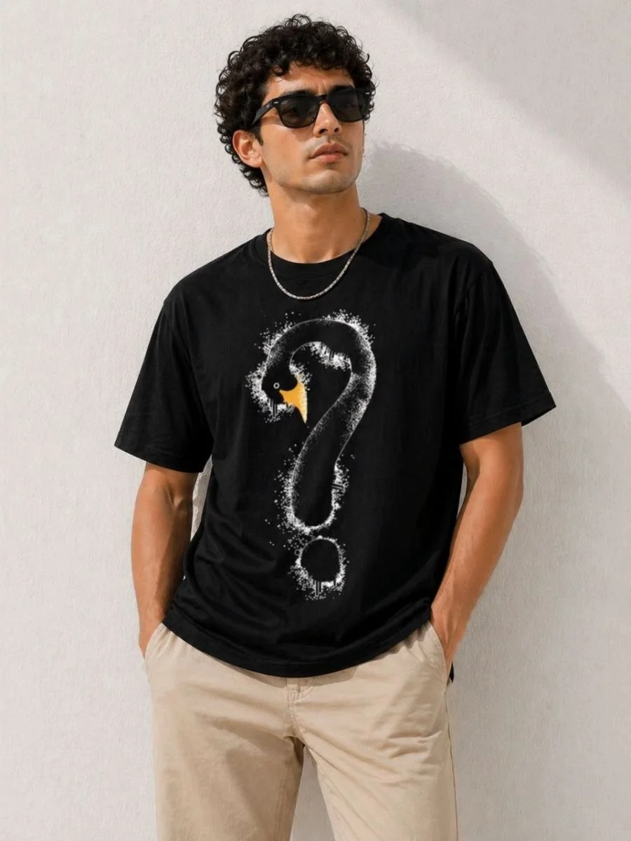 Erkek Kuğu Figürlü Soru İşareti Baskılı Tişört Kısa Kol T-Shirt - Siyah