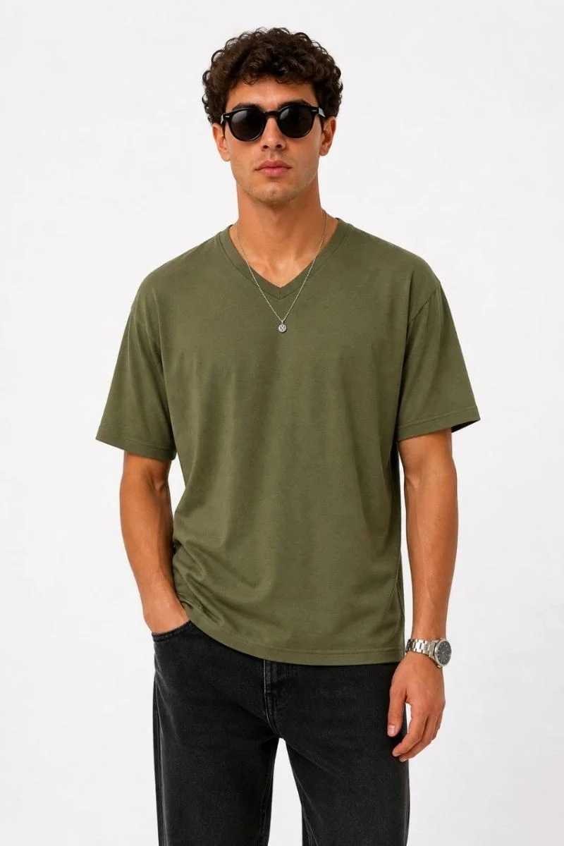 Erkek V Yaka Basic Tişört Kısa Kol Yazlık Regular Fit T-Shirt - Haki